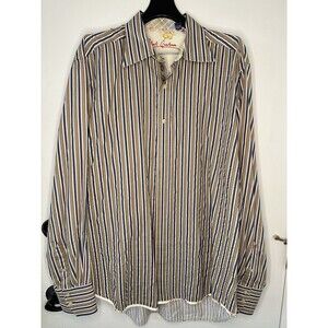 Robert Graham Shirt Mens 2XL XXL Navy/Olive Stripe Flip Cuff Classic Preppy